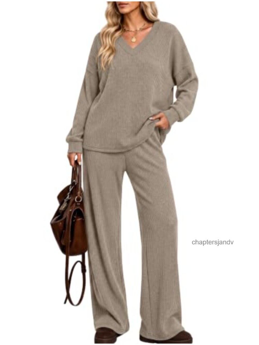 Women 2 Piece Lounge Set Ribbed Knit V Neck Top Wide Leg Pant Set